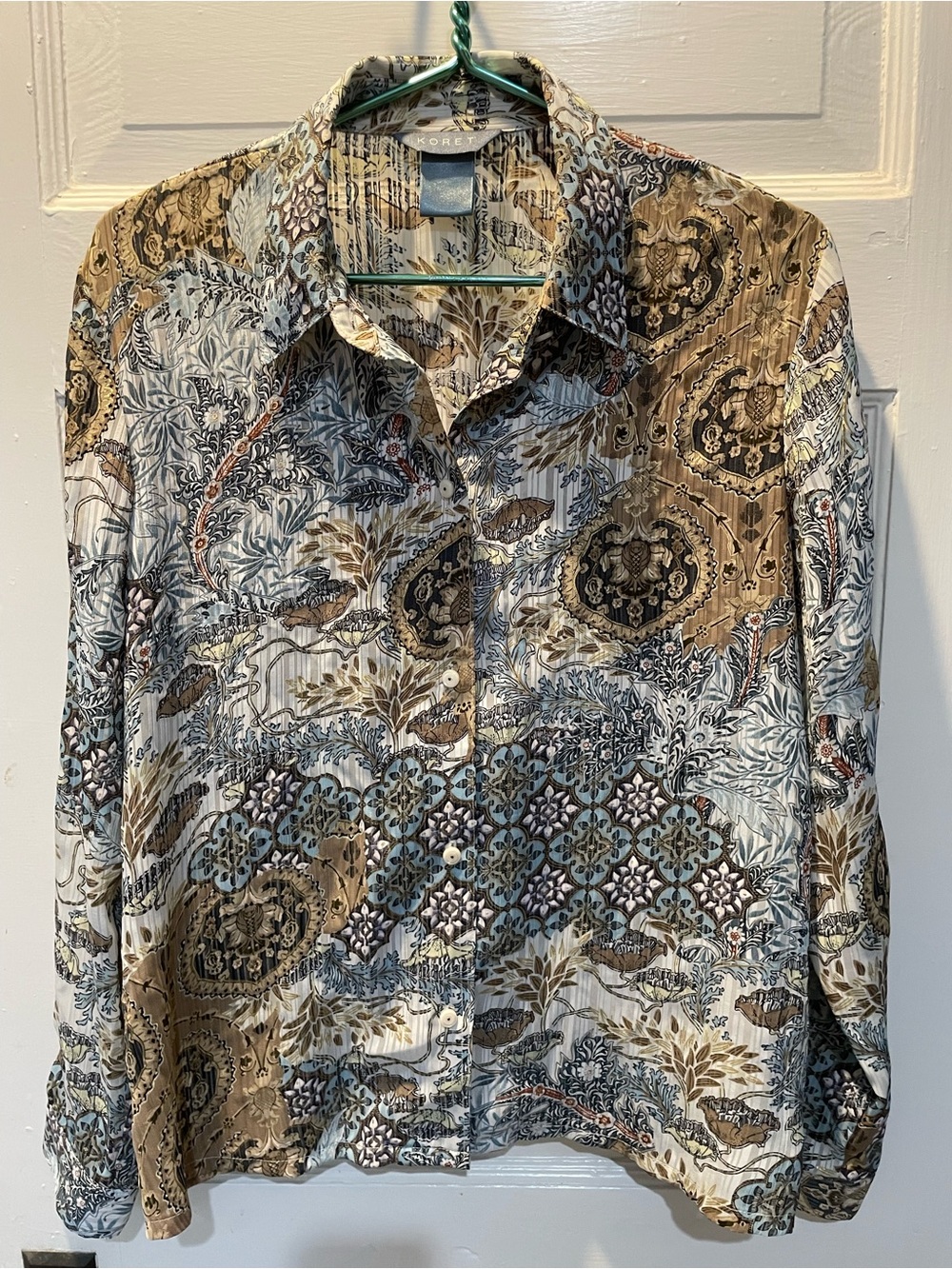 Vintage Koret Women’s Printed Blouse in Beige, Blue & Brown, Size 14